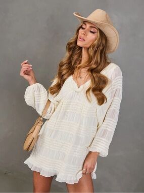 Cream Ruffled V-Neck Boho Tunic Dress